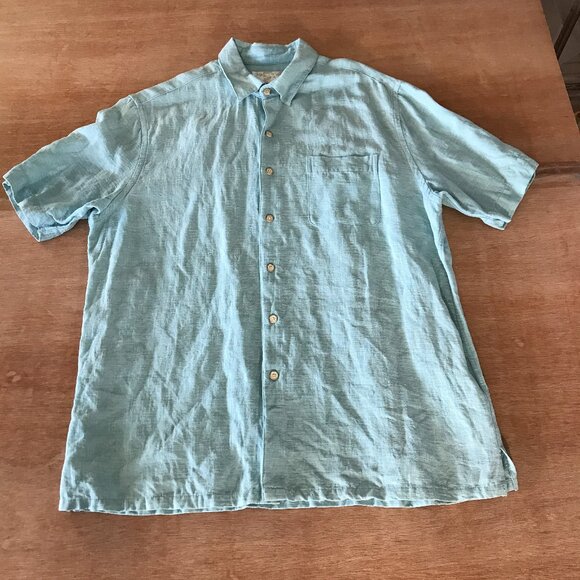 Tasso Elba Shirt Men M Blue Button Up Pocket Silk Linen Short Sleeve Collared - Picture 1 of 12